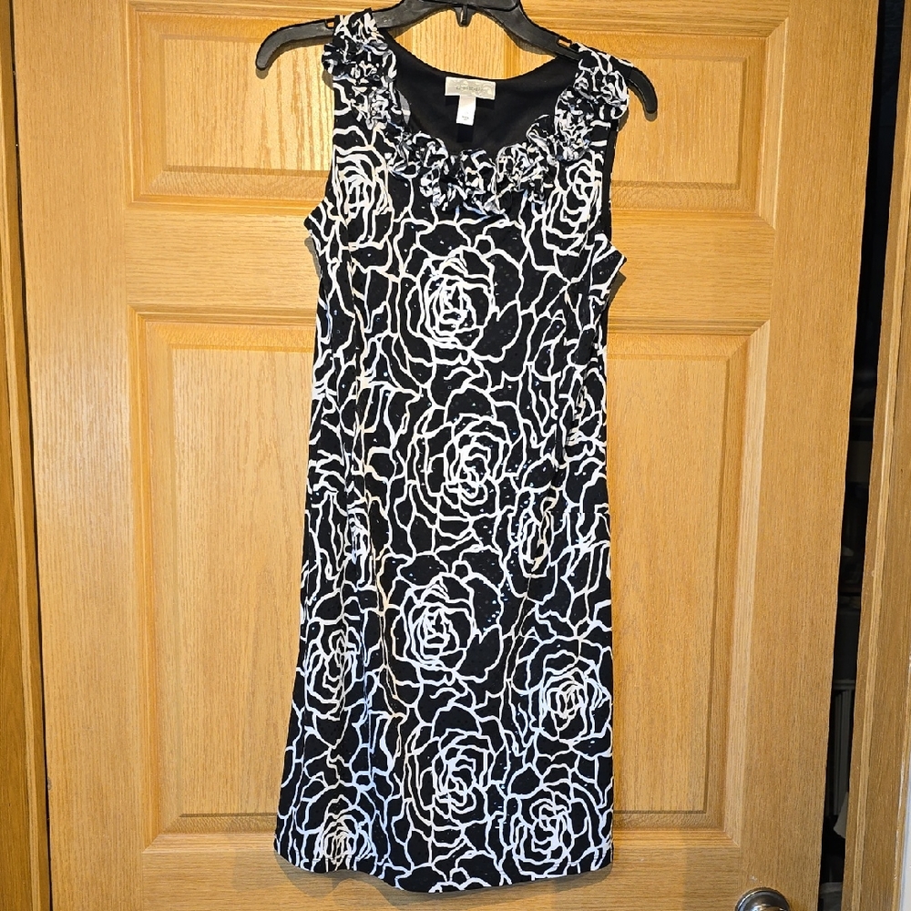 Dress Barn Black and White Rose Pattern Midi Dress